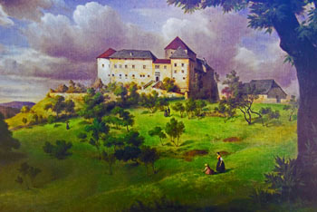 Ortneški Stari grad na zelenem griču z oblaki na nebu, kot jih je videl slikar iz 19. stoletja.