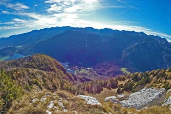 Pršivec pod katerim se širijo gozdovi, v ozadju pa modra panorama Bohinjskih gora.