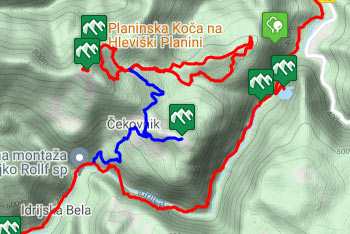 GPS sled prikazuje deloma krožno pešpot na Hleviško planino.