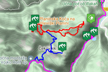GPS sled kaže krožno pešpot, ki vodi do koče na Hleviški planini.
