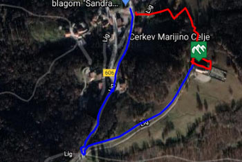 GPS sled kaže krožno pot od Liga do cerkev Marijino Celje in nazaj mimo manjše cerkvice.