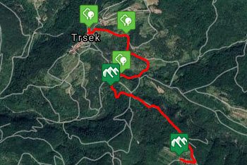 GPS sled prikazuje pešpot od istrske vasi Trsek k Mazurinovemu mlinu in naprej do Pavličev.