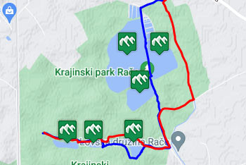 GPS sled prikazuje krožno pot, ki nas vodi po krajinskem parku Rački ribniki - Požeg.