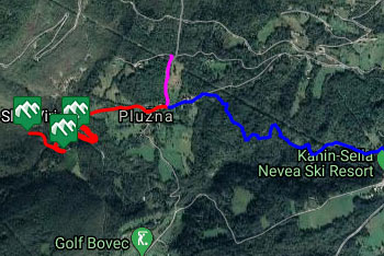 GPS sled prikazuje pešpot od Bovca do slapa Virje,ki se nahaja blizu Plužne.