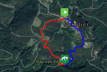 GPS sled prikazuje krožno pot, ki nas od vasi Sokoliči pripelje do slapa Veli vir.